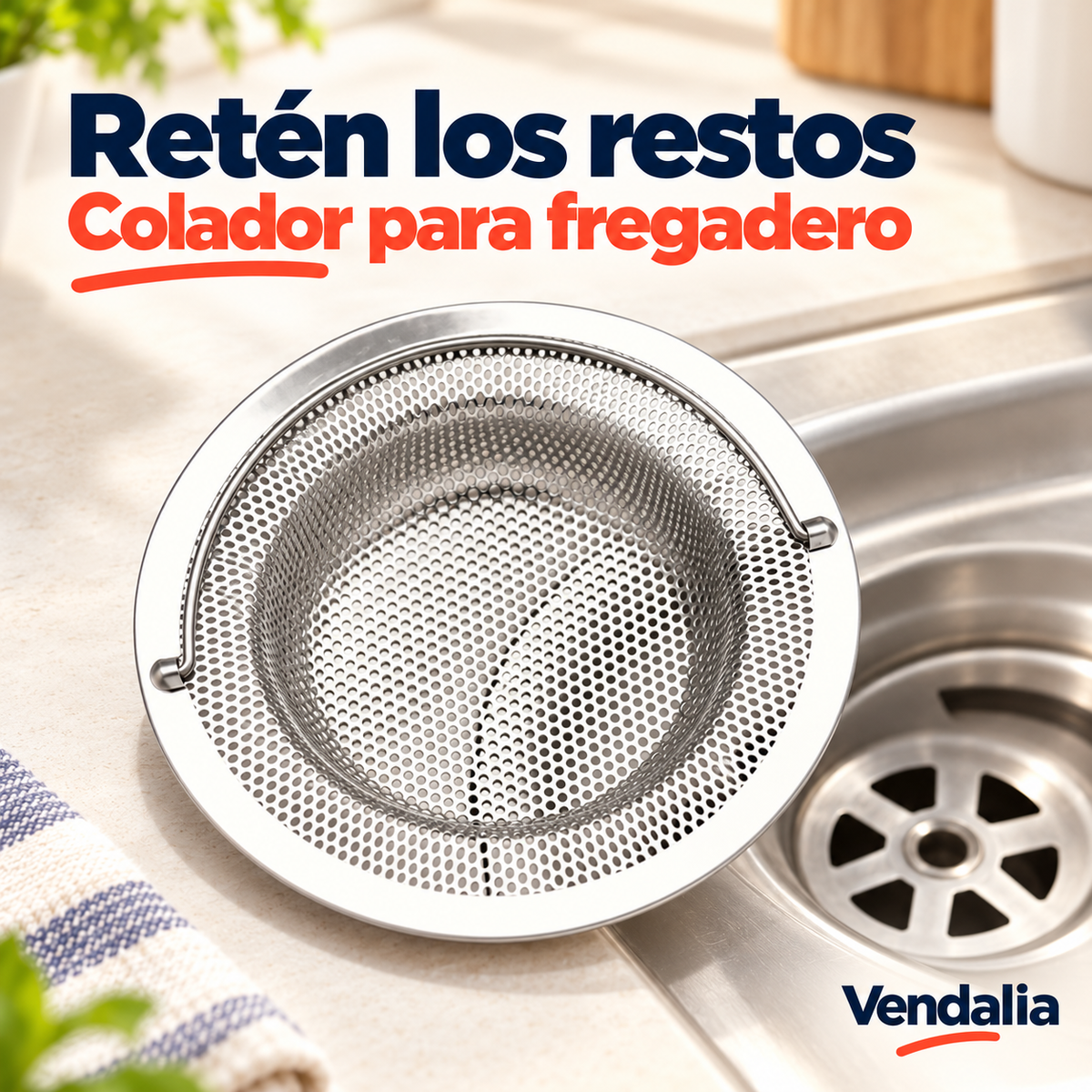 Colador de acero inoxidable con asa para fregadero. Vendalia.