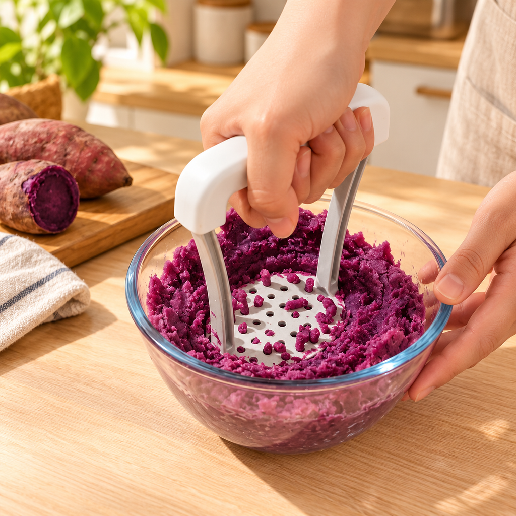 Prensador en uso con camote cocido; alimentos y recipiente no incluidos