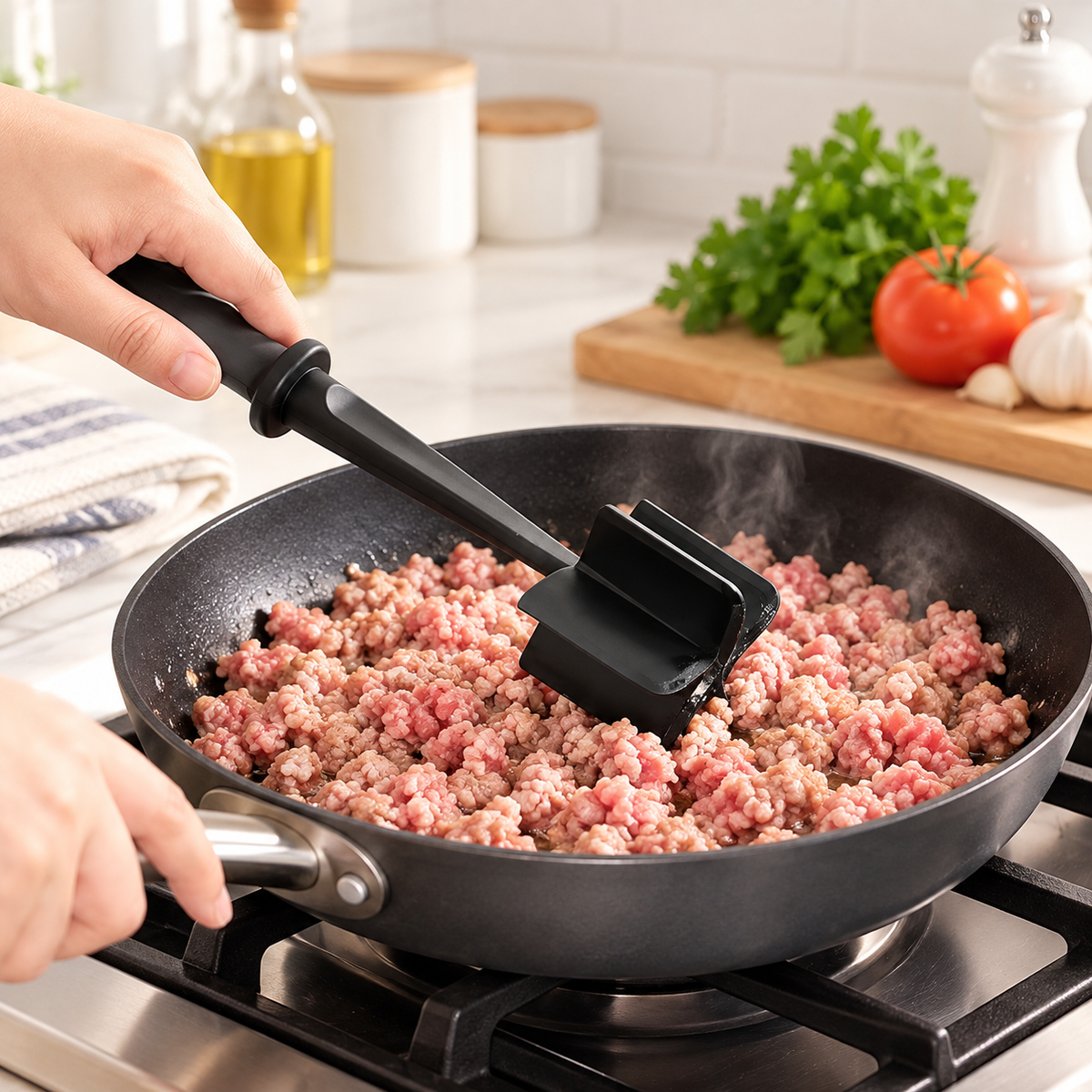 Utensilio negro en uso para separar carne molida; sartén no incluida.