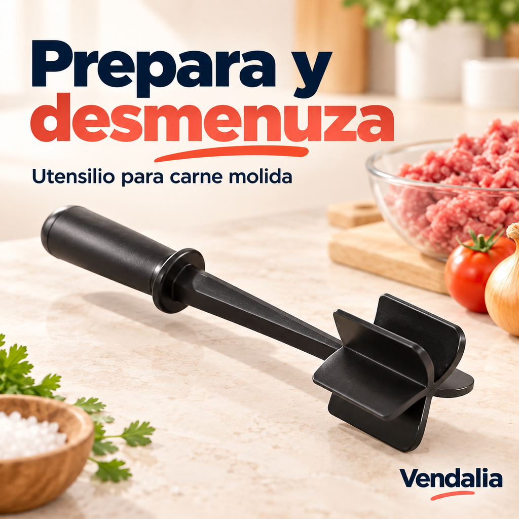 Utensilio negro para desmenuzar carne. Vendalia.