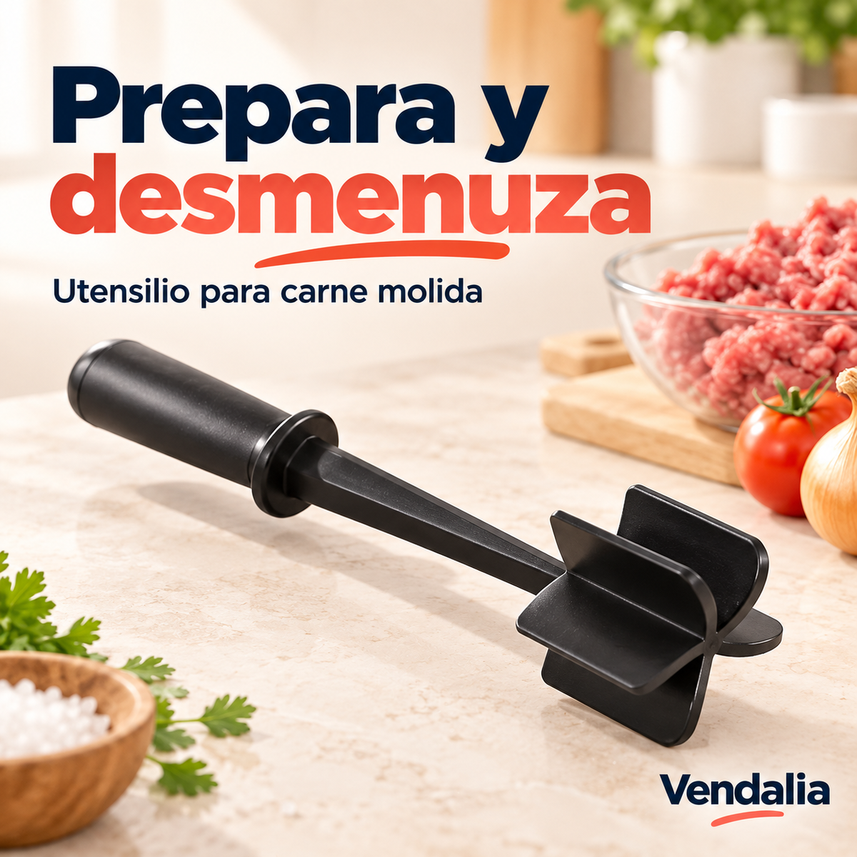 Utensilio negro para desmenuzar carne. Vendalia.