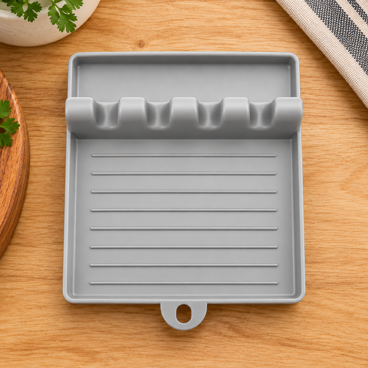 Soporte gris claro para tapa y utensilios con bandeja · vista de detalle