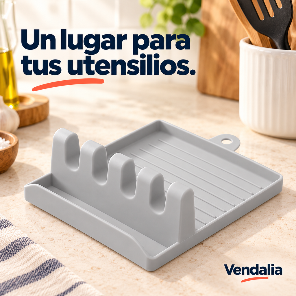 Soporte gris claro para tapa y utensilios con bandeja · portada Vendalia
