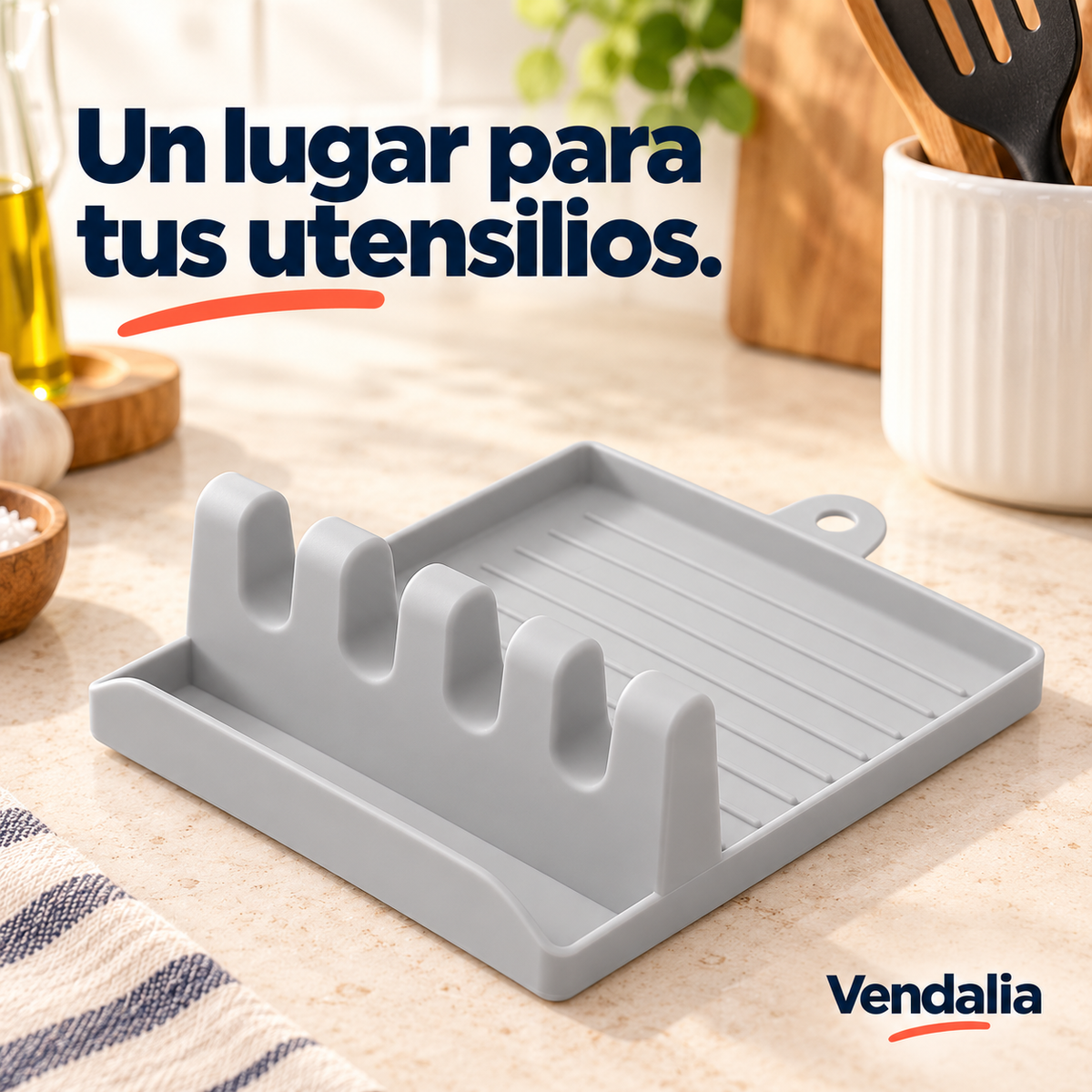 Soporte gris claro para tapa y utensilios con bandeja · portada Vendalia