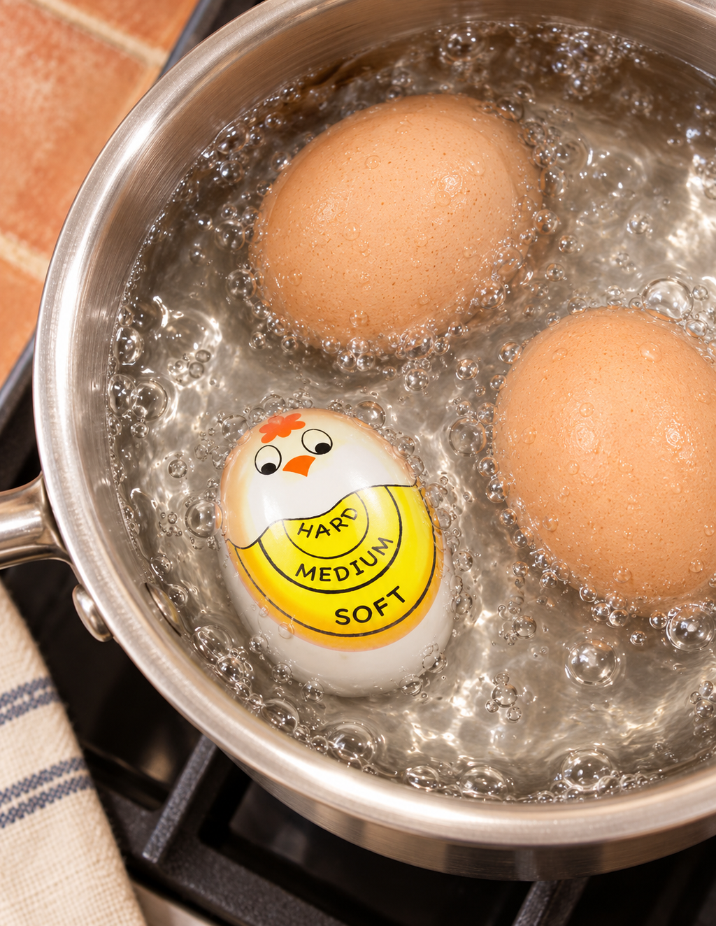 Medidor de cocción junto a huevos dentro de una olla; huevos y olla no incluidos