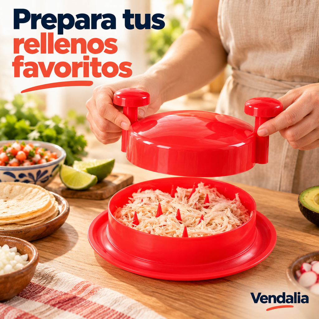 Deshebrador manual rojo para carnes cocidas · portada Vendalia