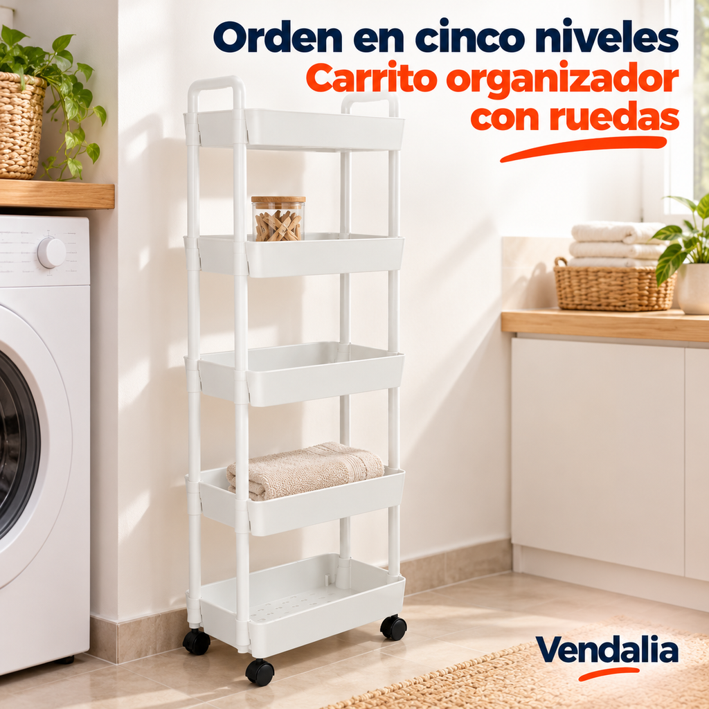 Carrito de almacenamiento plástico, 5 niveles, con ruedas · Portada Vendalia · SKU 52582