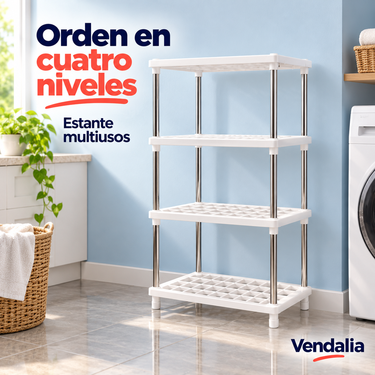 Estante blanco de cuatro niveles con postes metálicos — portada Vendalia