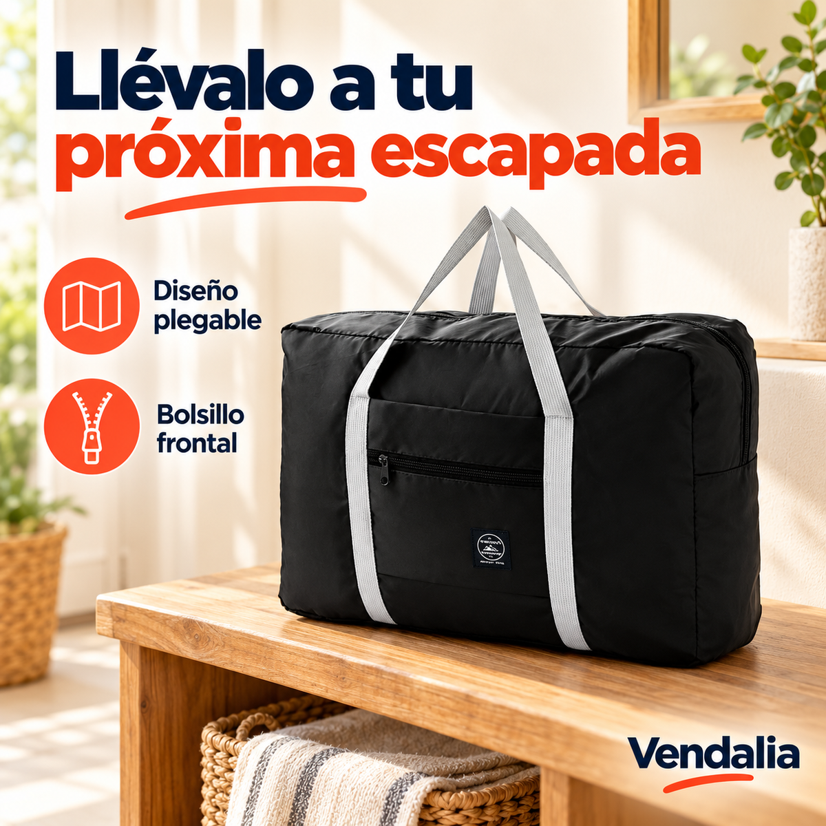 Bolso de viaje plegable negro — portada Vendalia — SKU 52608