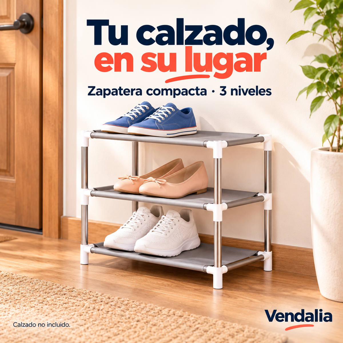 Zapatera de tres niveles gris con uniones blancas — portada Vendalia