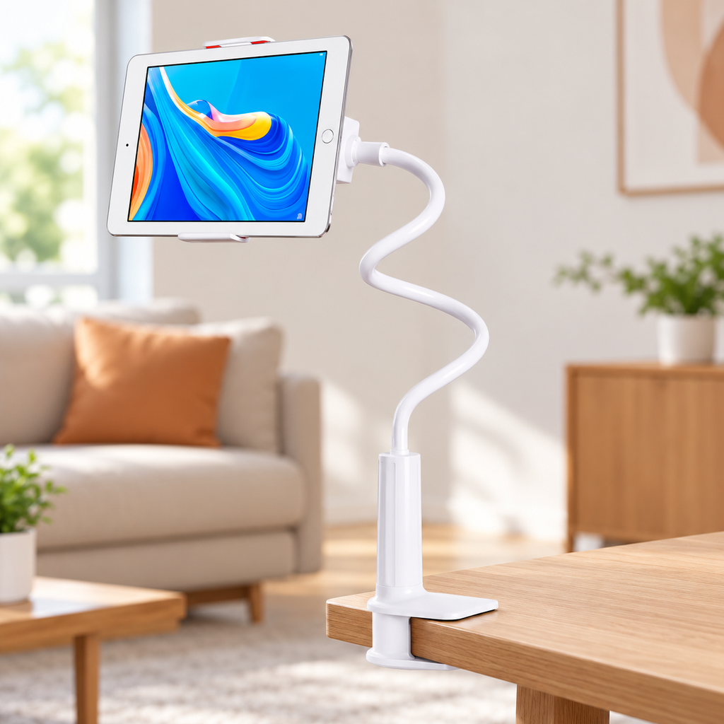 Ejemplo de uso del soporte flexible con una tablet; dispositivo no incluido.