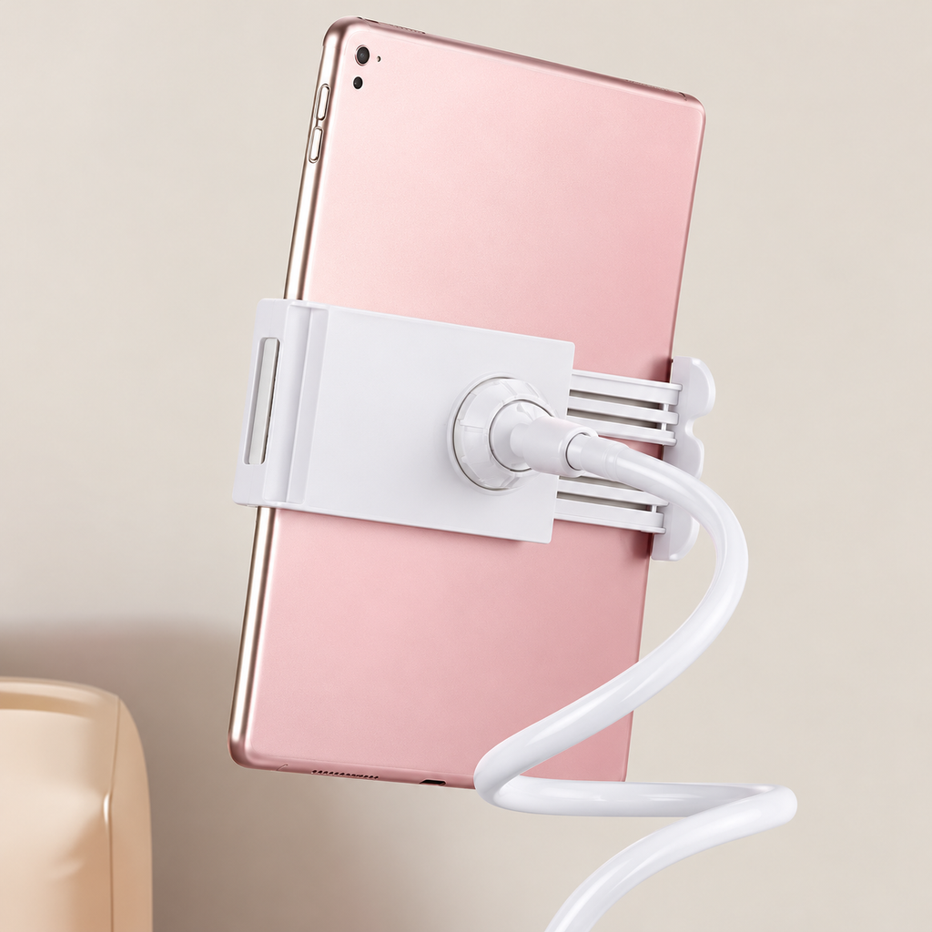 Detalle del ajuste del sujetador para tablet y su unión al brazo flexible.