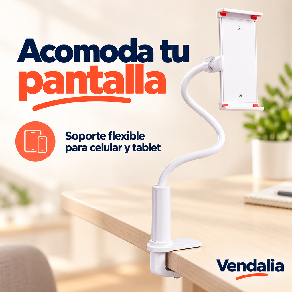 Soporte flexible blanco con pinza de mesa y sujetador ajustable.