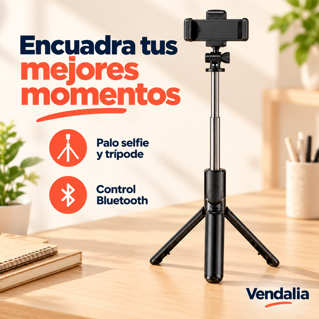 Palo selfie negro extendido en modo trípode, con control Bluetooth.