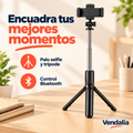 Palo selfie negro extendido en modo trípode, con control Bluetooth.
