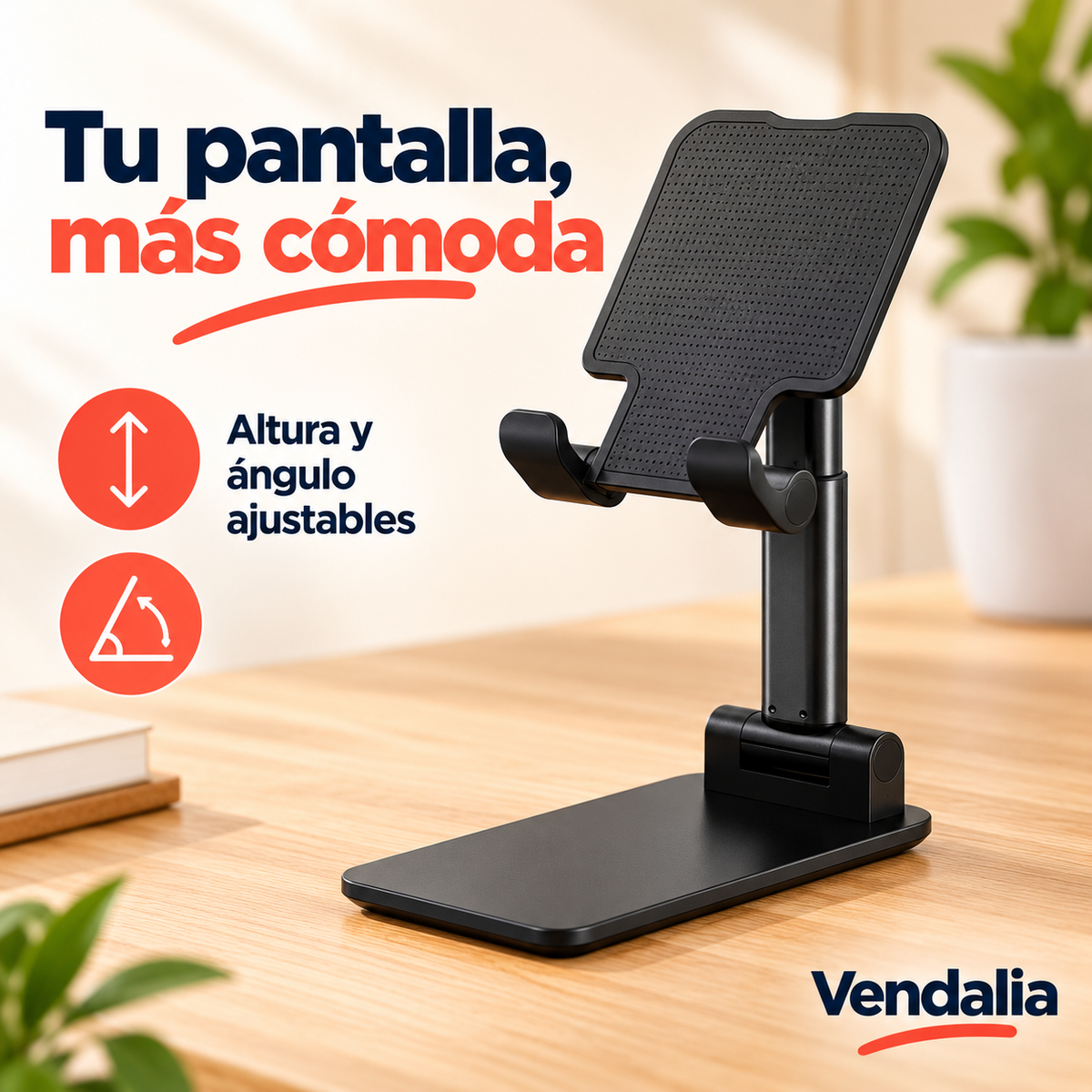 Soporte plegable negro extendido con altura ajustable.