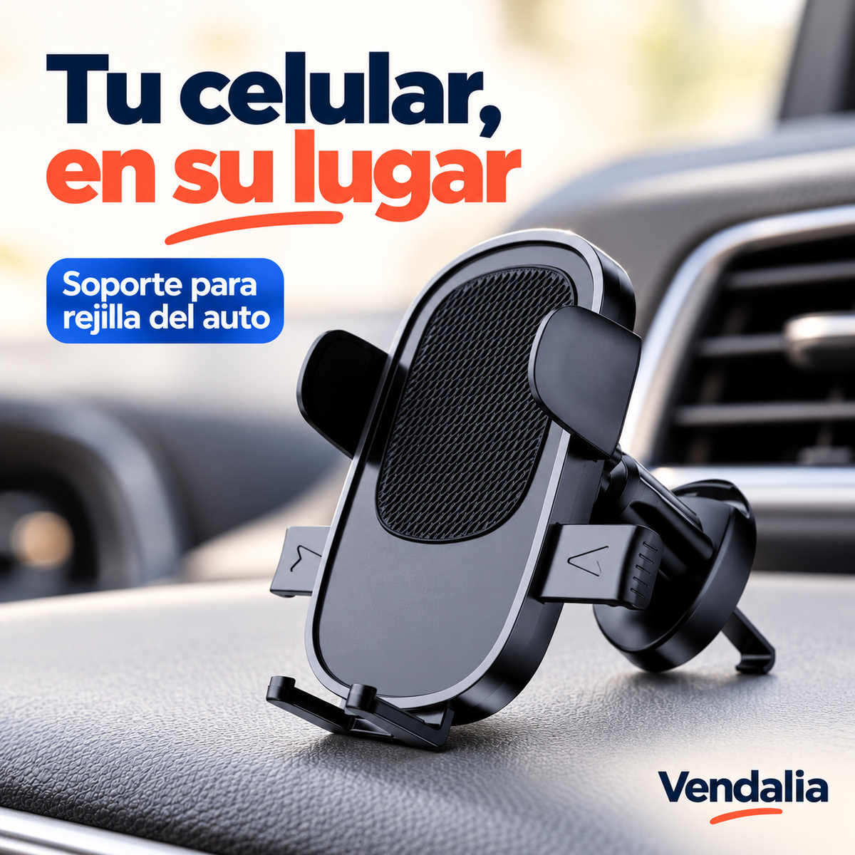 Soporte negro y gris para celular con clip para rejilla de automóvil.