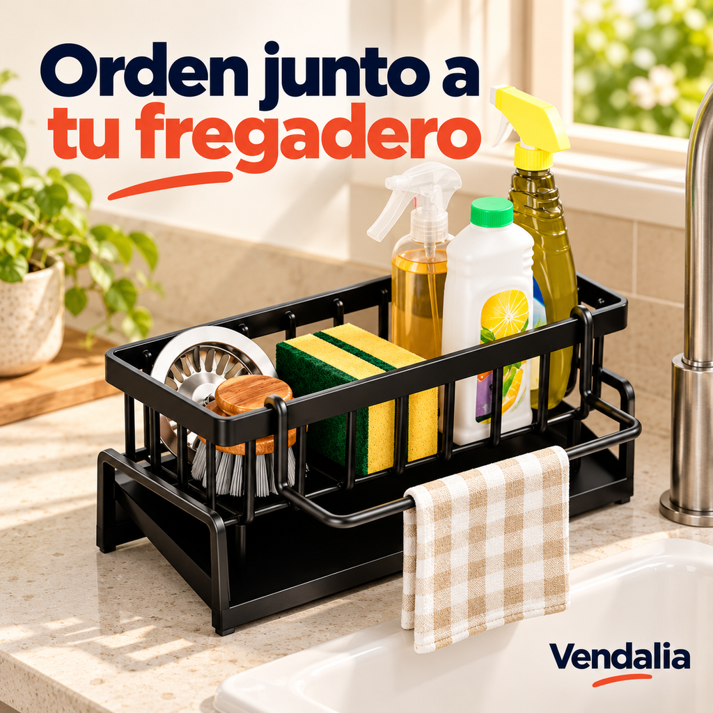 Organizador negro para fregadero con porta toalla · portada Vendalia