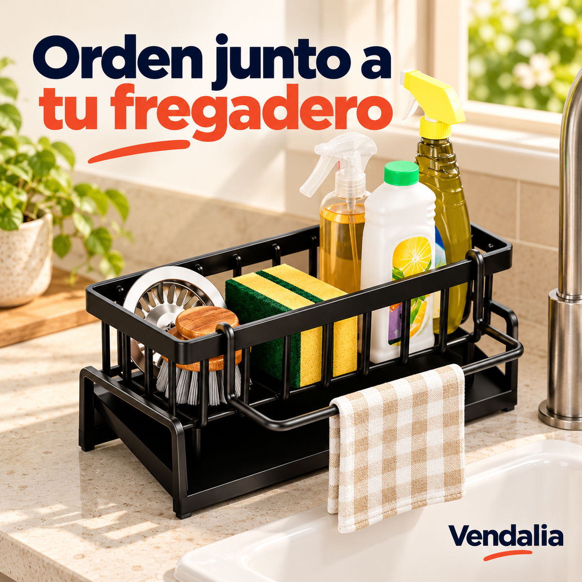 Organizador negro para fregadero con porta toalla · portada Vendalia