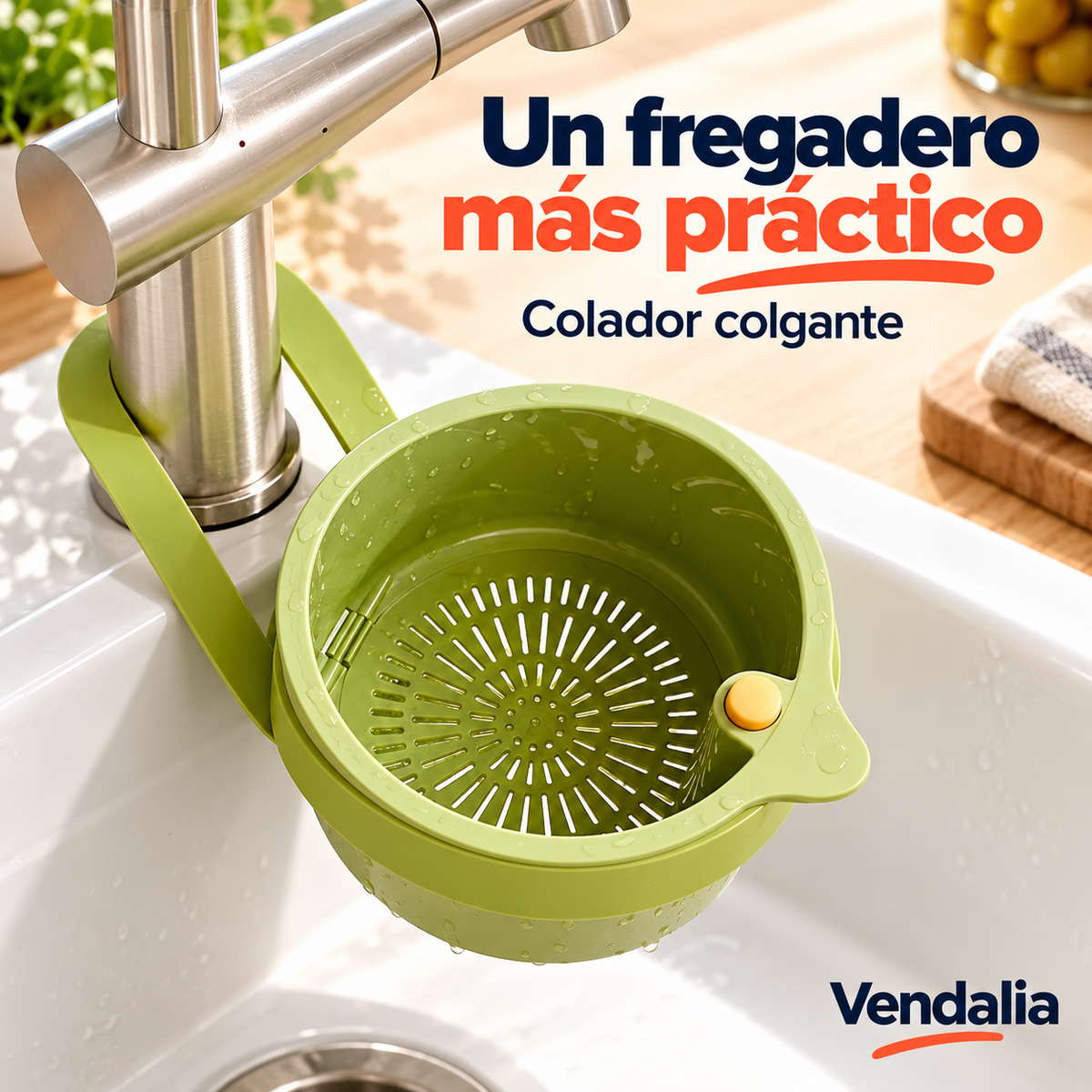 Colador verde con soporte para fregadero — Vendalia