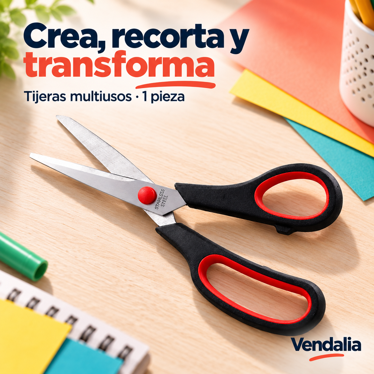 Tijeras negras y rojas de acero inoxidable, una pieza — Vendalia