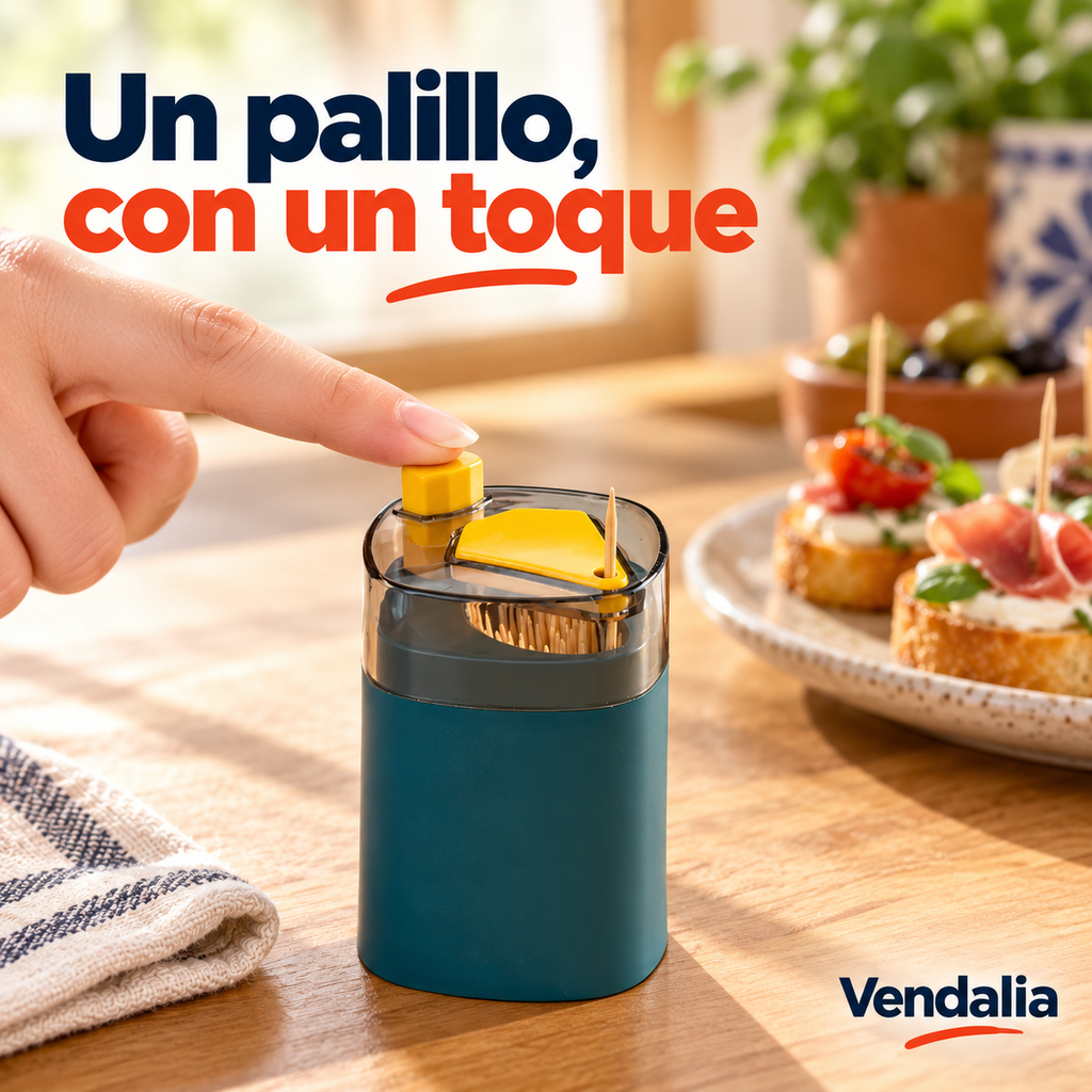 Dispensador de palillos verde oscuro con botón · portada Vendalia