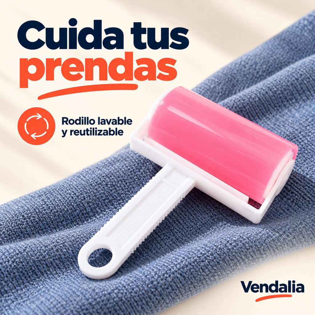 Rodillo quitapelusa rosa con mango blanco, lavable y reutilizable.