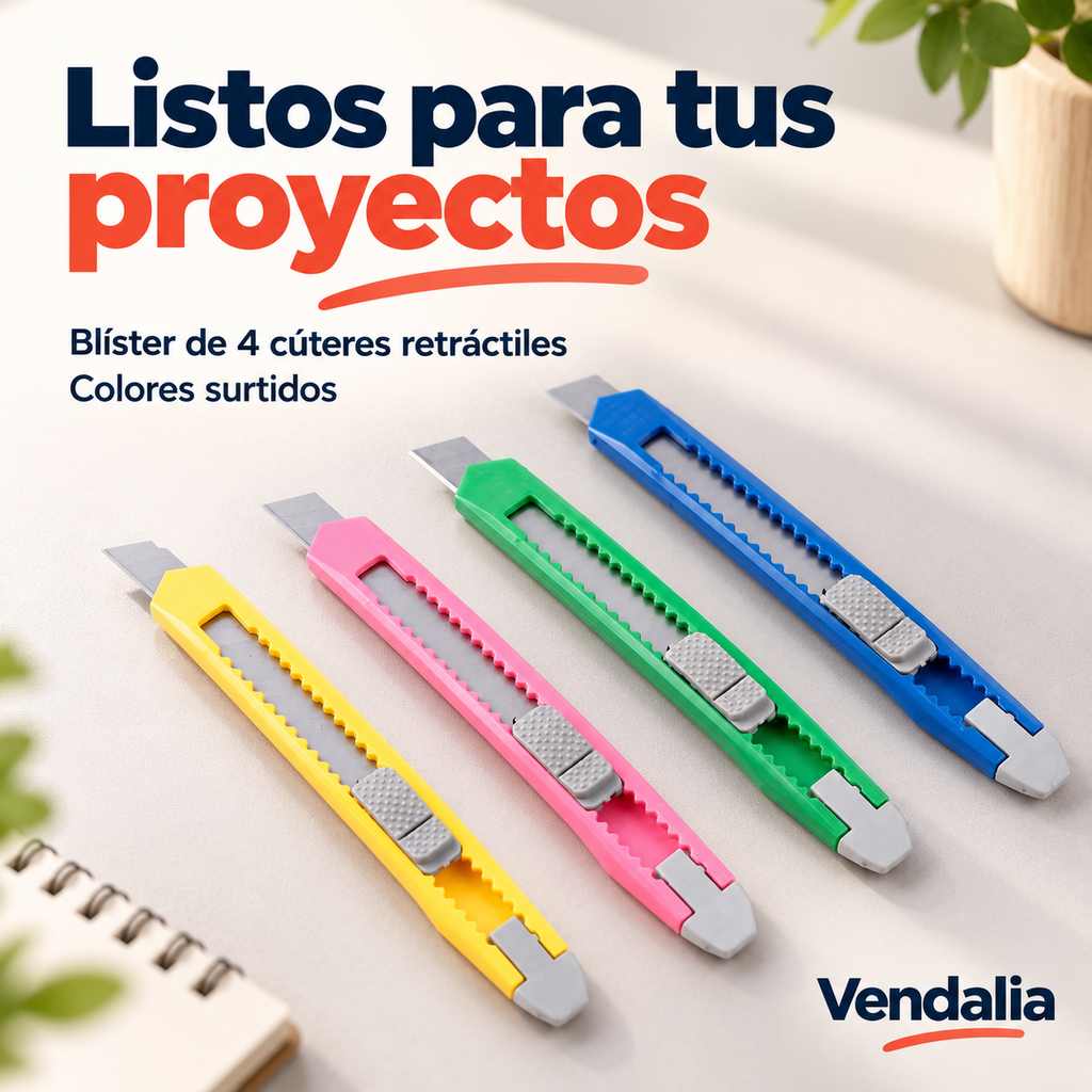 Blíster de4cúteres retráctiles de colores, portada — Vendalia