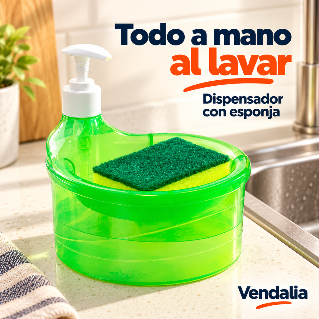 Dispensador verde translúcido con bomba manual y esponja incluida.