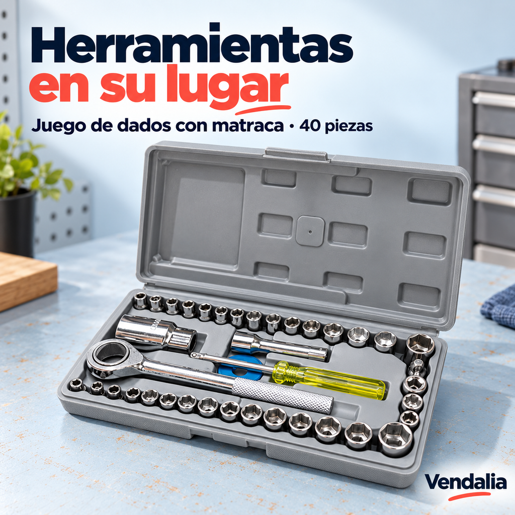 Herramientas en su lugar — Vendalia. Juego de dados con matraca · 40 piezas