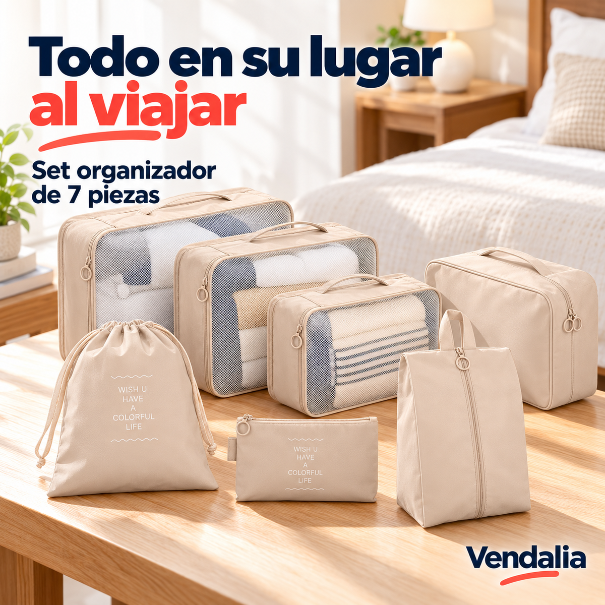 Set beige de siete bolsas organizadoras de viaje — portada Vendalia