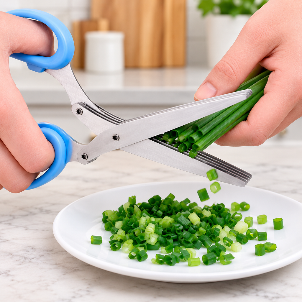 Detalle de las cinco hojas de la tijera de cocina azul cortando hierbas.
