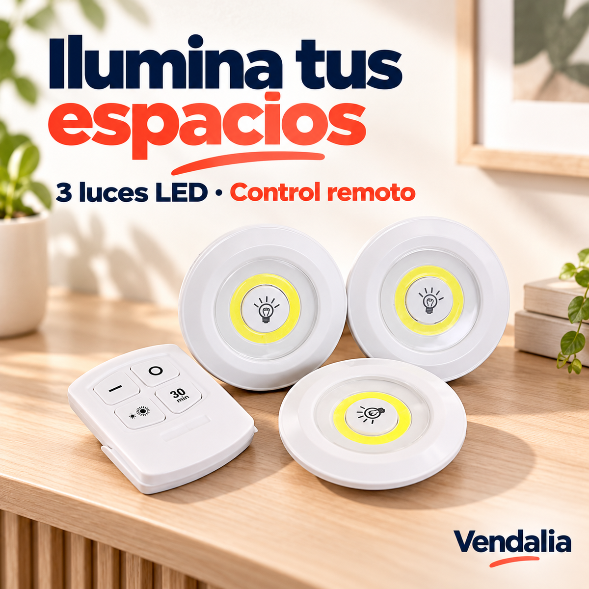 Portada Vendalia de Set de 3 luces LED con control