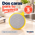 Paquete de cinco esponjas redondas de doble cara con borde amarillo.