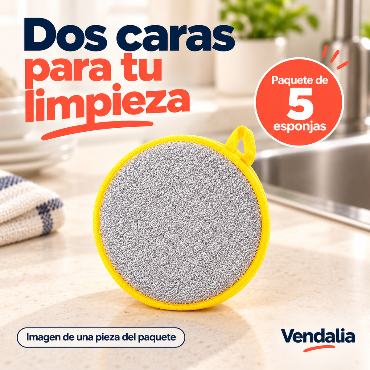Paquete de cinco esponjas redondas de doble cara con borde amarillo.