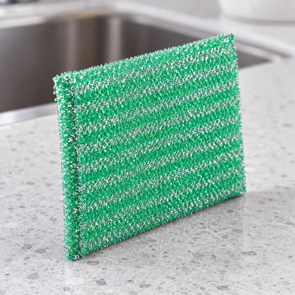 Detalle de una esponja verde con fibra plateada del paquete de cuatro.