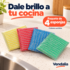 Paquete de cuatro esponjas rectangulares con fibra abrasiva, colores surtidos.