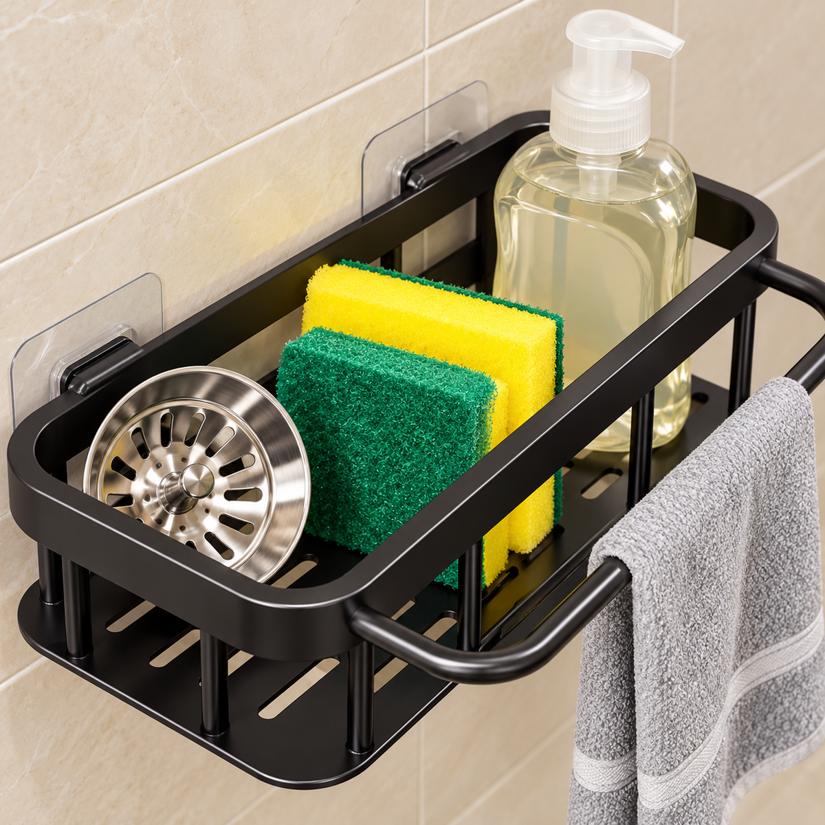 Organizador negro de fregadero con barra para paño. Detalle de uso.