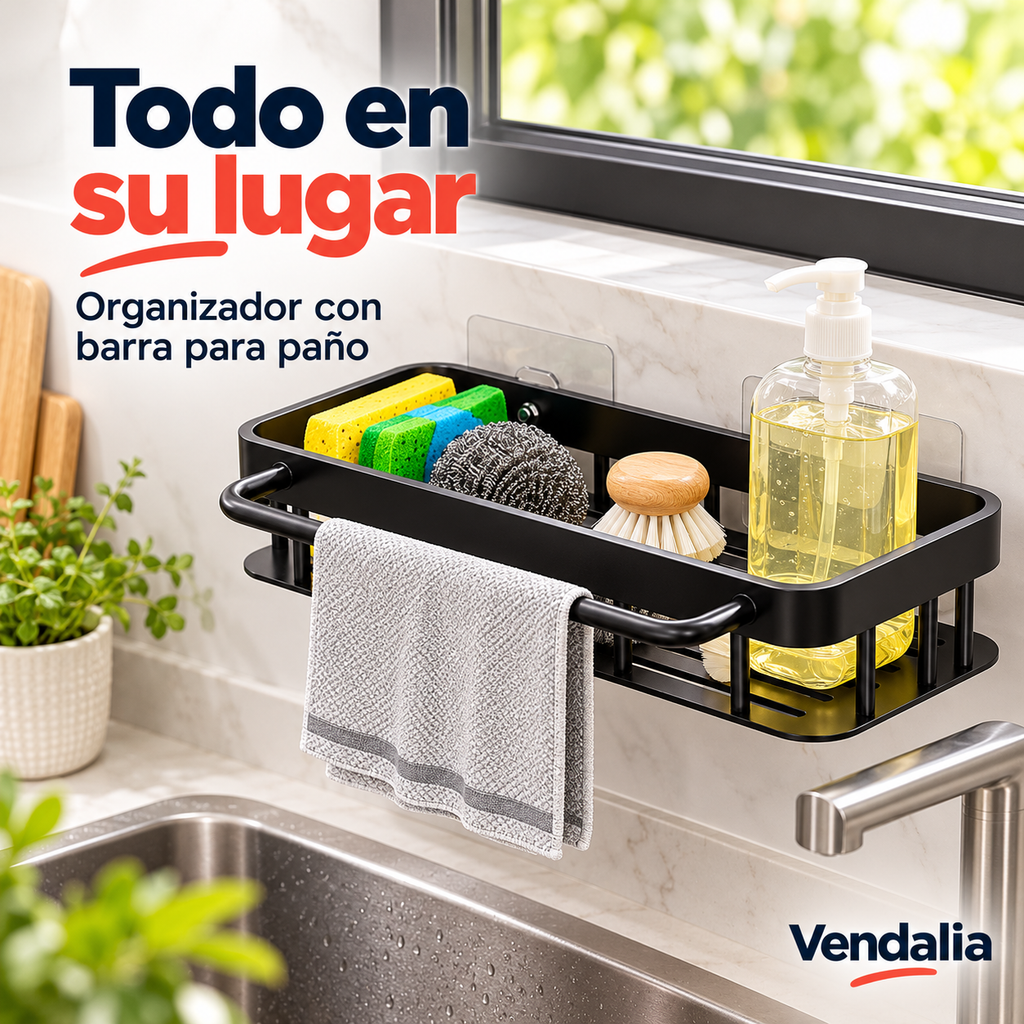 Organizador negro de fregadero con barra para paño. Portada Vendalia.
