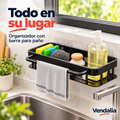 Organizador negro de fregadero con barra para paño. Portada Vendalia.