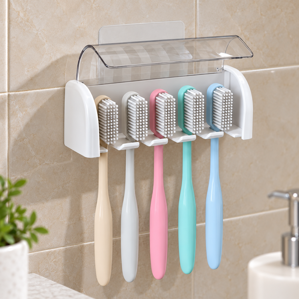 Porta cepillos blanco con tapa transparente — vista de uso