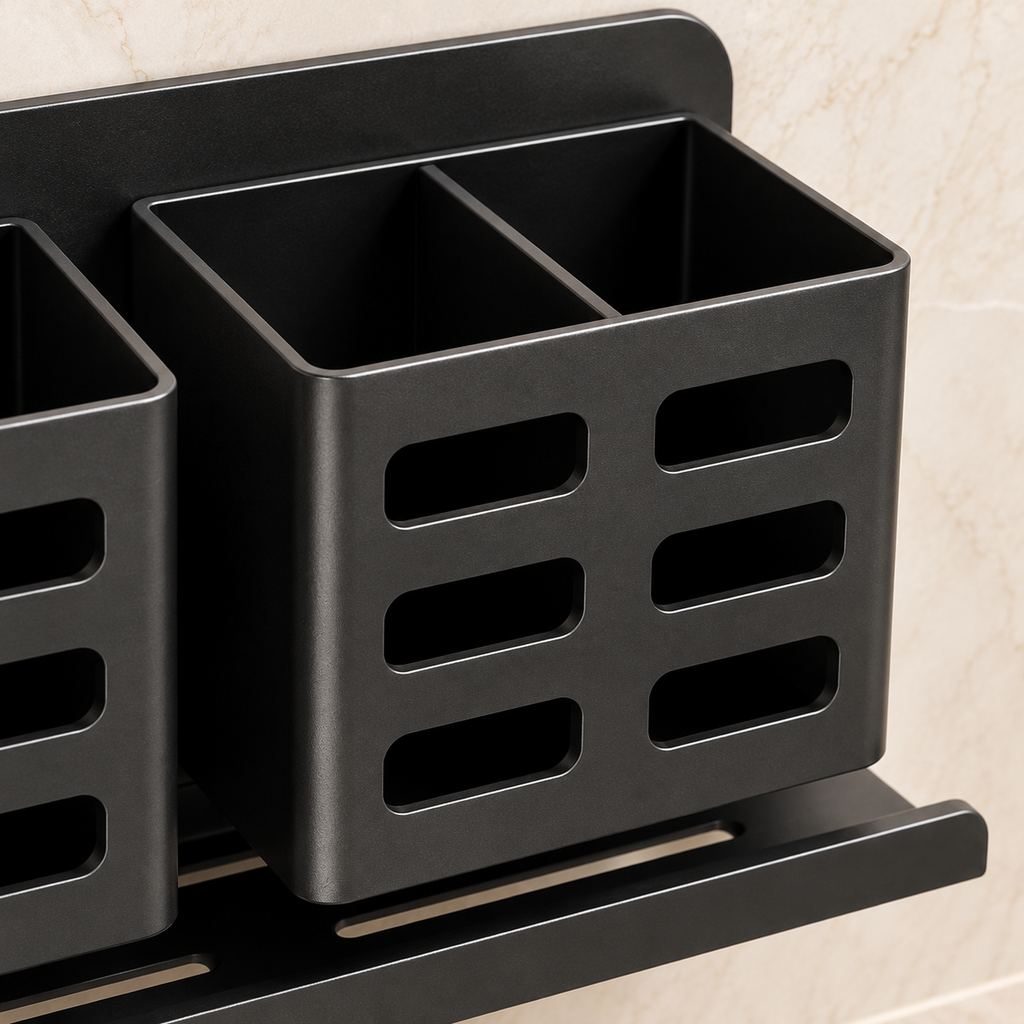 Organizador negro de pared con dos compartimentos — detalle