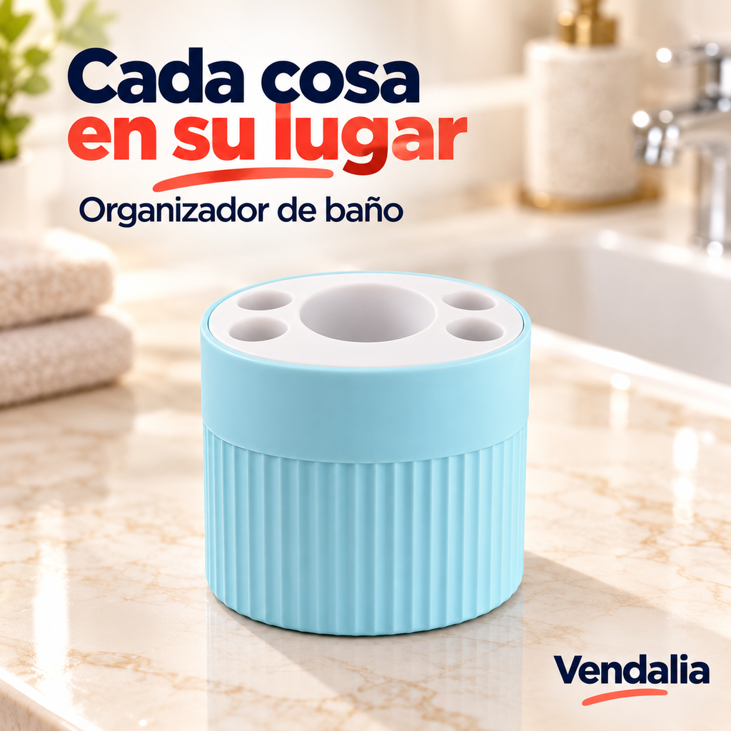Portacepillos cilíndrico azul pastel, franja superior lisa y cuerpo acanalado vertical, tapa blanca perforada con cuatro orificios chicos alrededor de uno central grande — portada Vendalia