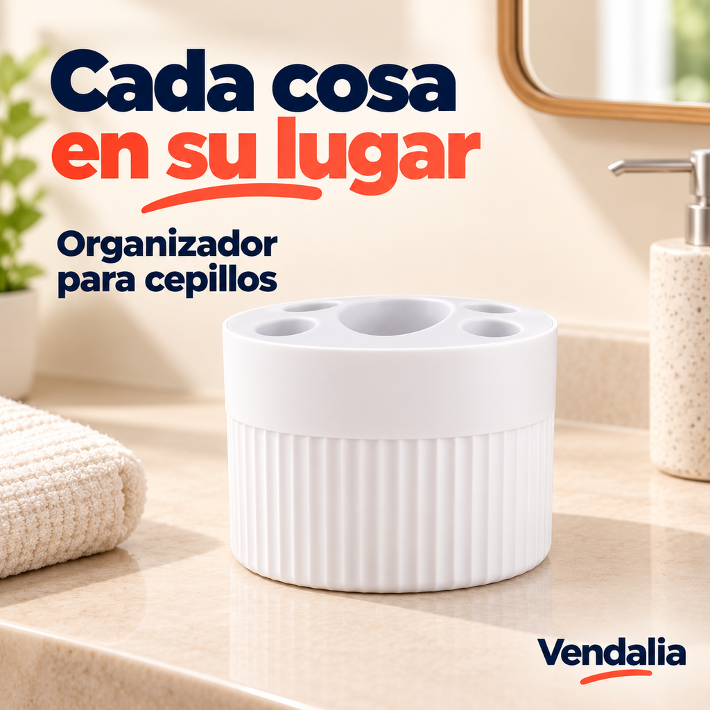 Organizador cilíndrico blanco para baño con divisiones para cepillos.