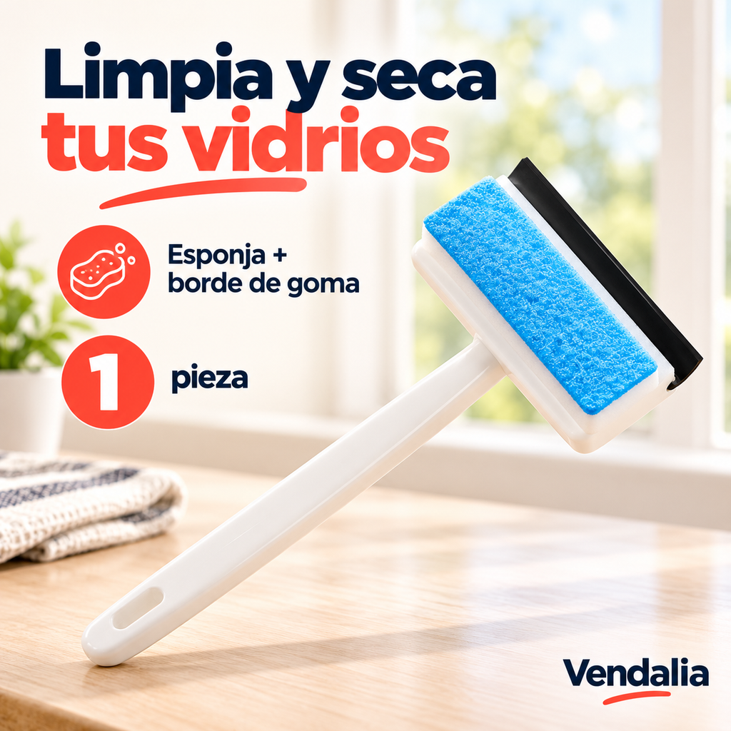 Limpiador blanco de vidrios con esponja azul y goma negra — Vendalia.