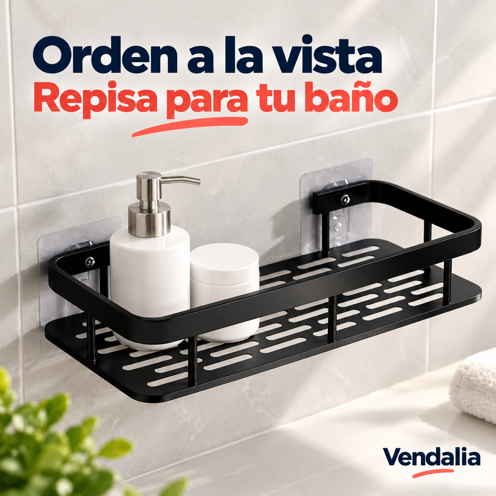 Repisa negra para baño con base ranurada — portada Vendalia