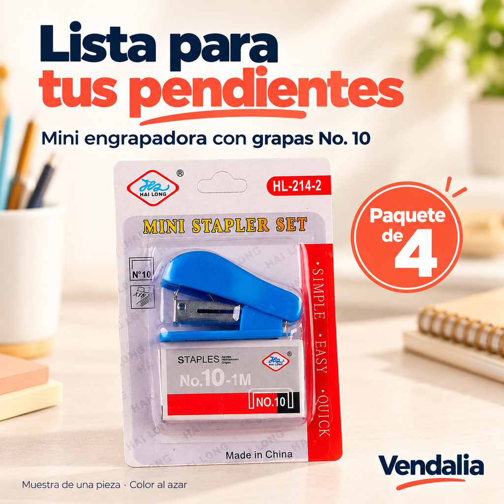 Mini engrapadoras con grapas No. 10, paquete de 4; color al azar — Vendalia