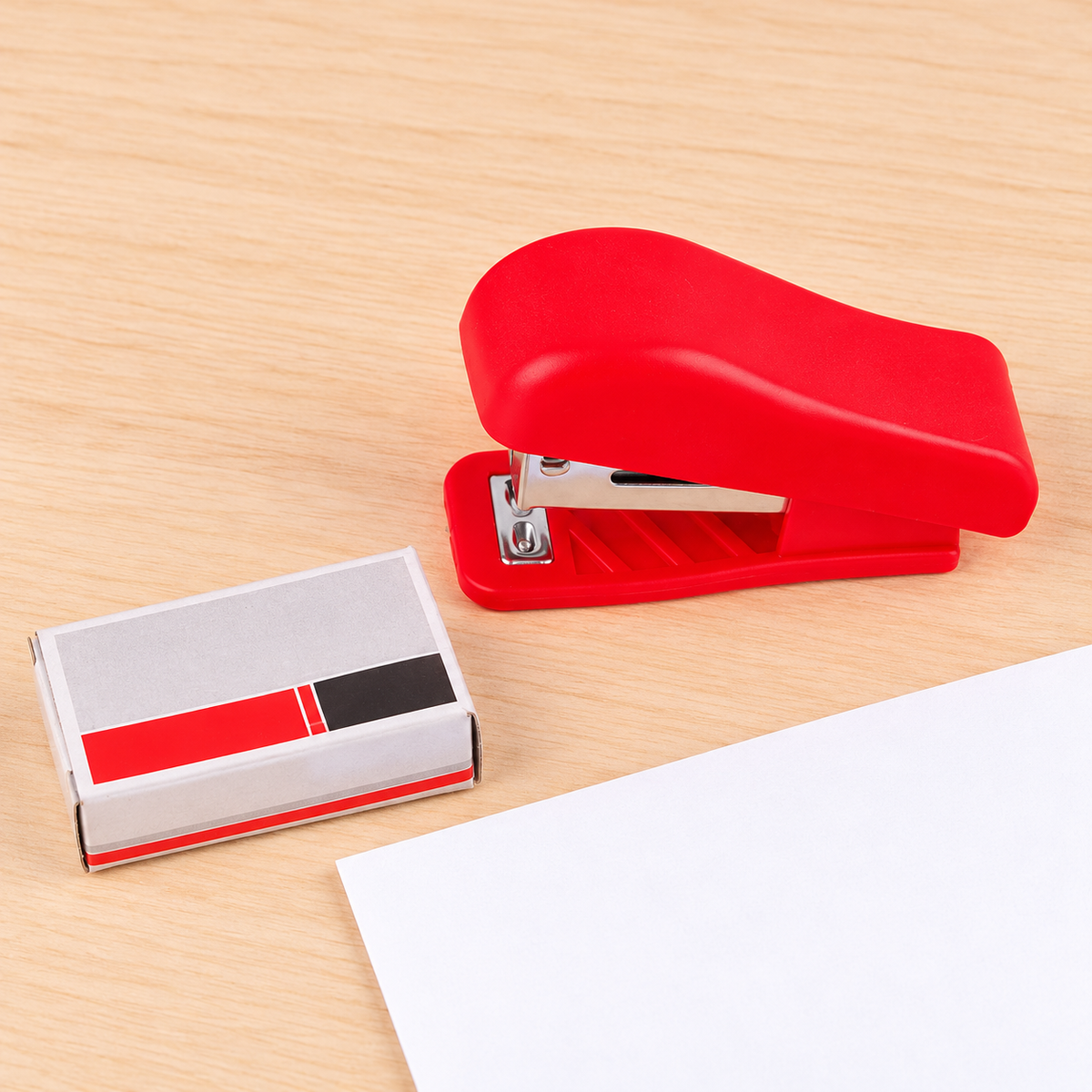 Ejemplo rojo de mini engrapadora con su caja de grapas; paquete de 4