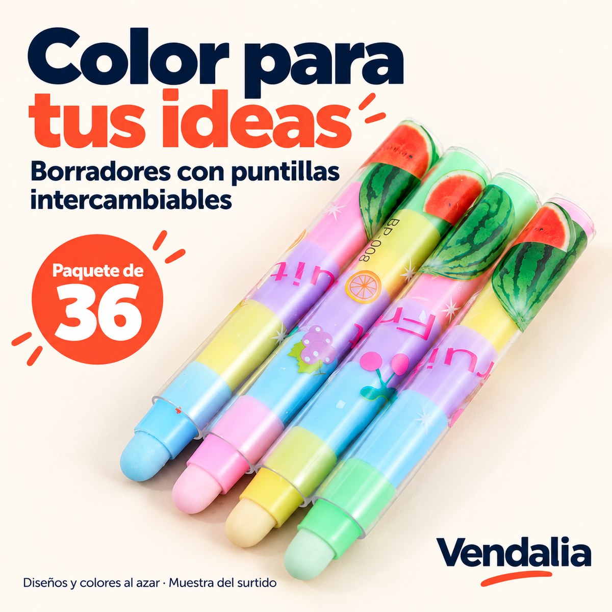 Borradores con puntillas intercambiables, paquete de 36; colores y diseños al azar — Vendalia
