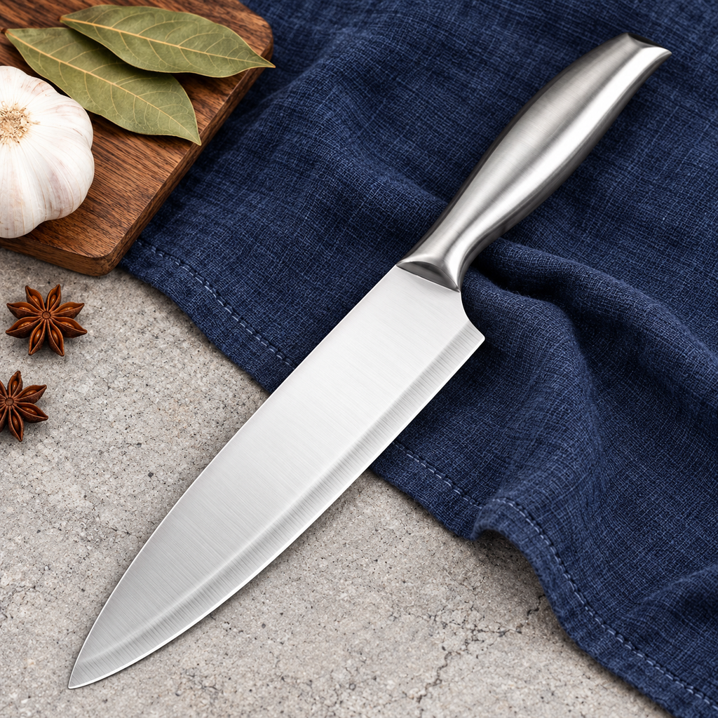 Detalle del mango y la hoja del cuchillo de acero inoxidable